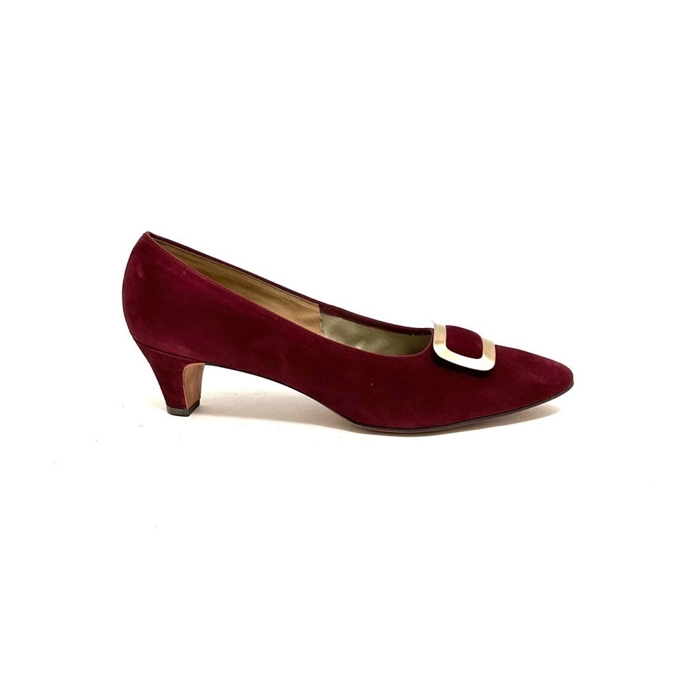 Vintage 1980s deadstock maroon suede slip on pilgrim buckle kitten heels
